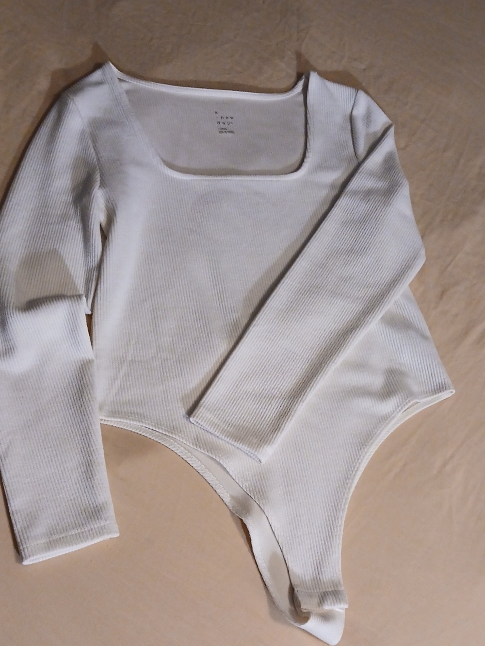 A New Day Off White Ribbed Square-Neck Long Sleeve Bodysuit